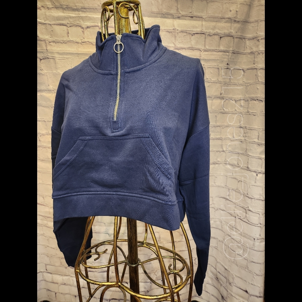 WeWoreWhat Navy Half-Zip Cropped Sweatshirt